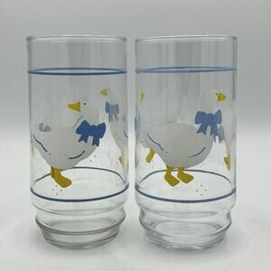 Libbey Drinking Goose Glasses White Geese With Blue Bow Vintage Set Of 2
